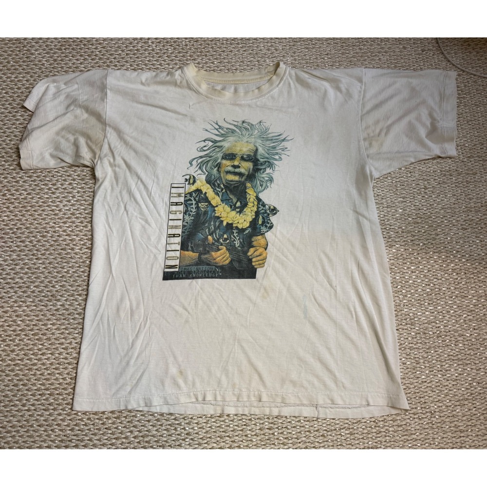 Vintage Albert Einstein Imagination Graphic T-Shirt White Single Stitch Men XL
